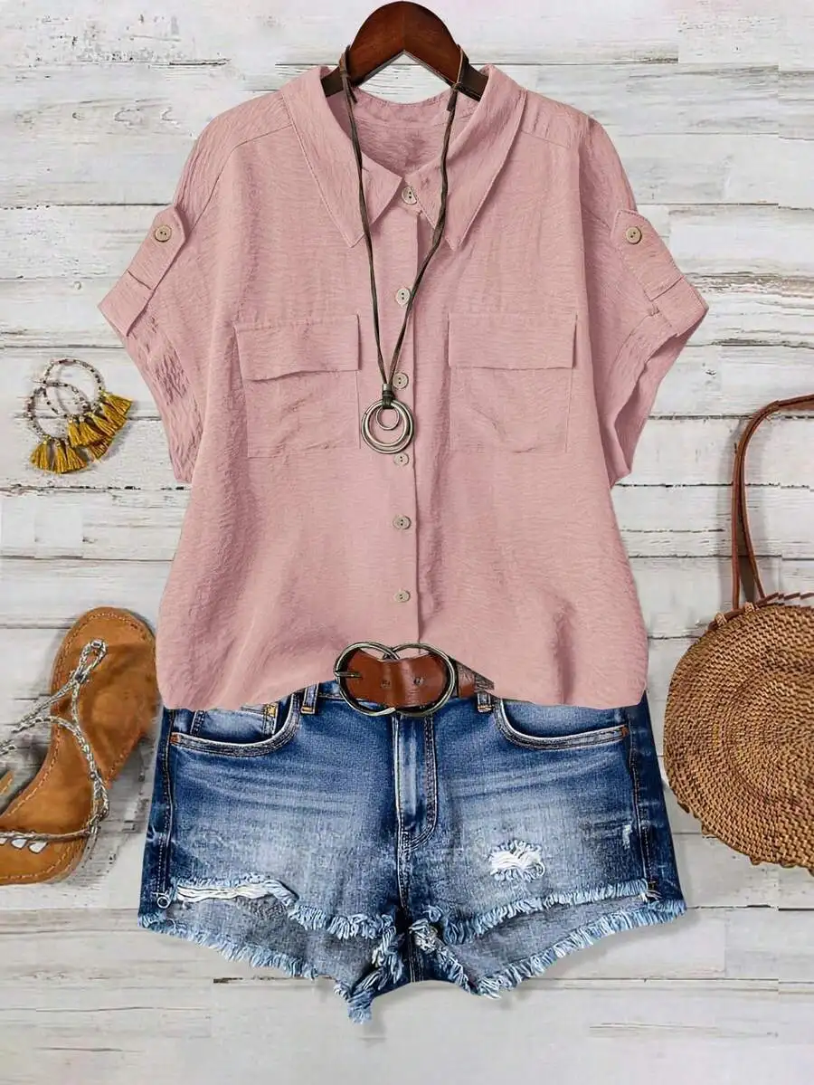 

Women Solid Color Full Button Lapel Collar Short Sleeve Dual Pocket Casual Shirt