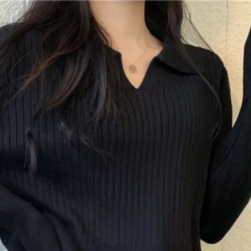 Women\'s Autumn Winter Fashion Elegant Solid Color Polo Collar Casual and Versatile Long Sleeved Loose Short Sweater Knitted Tops