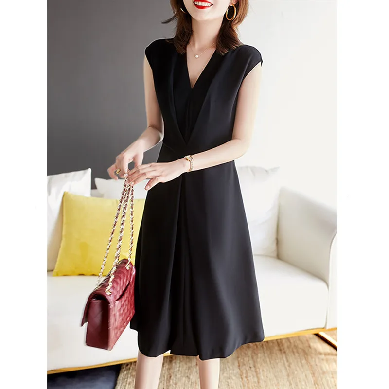Robe élégante en fibre de compromis pour femmes, robes de bureau patchwork à col en V uni, de haute qualité, nouvelle collection été 2024