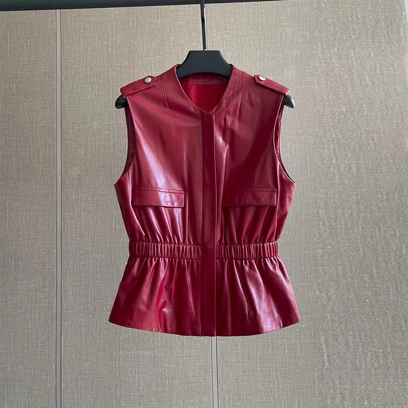 Women's Genuine Leather Vest, Red Sheepskin, Slim Waist, Short Style, Casual Versatile Sleeveless Leather Jacket, Spring Autumn