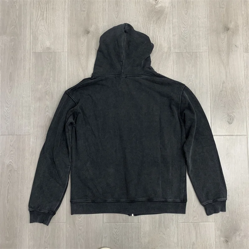 سترات بغطاء للرأس سوداء مغسولة من American Style VALLEY للرجال والنساء بشعار مطرز كبير الحجم من القطن الخالص