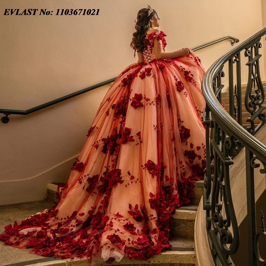 EVLAST Abito da ballo Champgne personalizzato Abito Quinceanera Rosso 3D Applique in pizzo floreale Corsetto in rilievo Dolce 16 Abiti da Anos SQ389