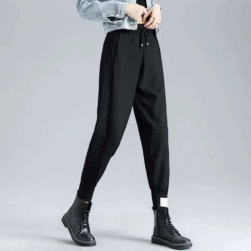 Gray Knitted Trousers Female's Spring Summer High Waist Loose Smoke Pipe Nine-Minute Bundle Feet Grandma Pants Woman Clothing