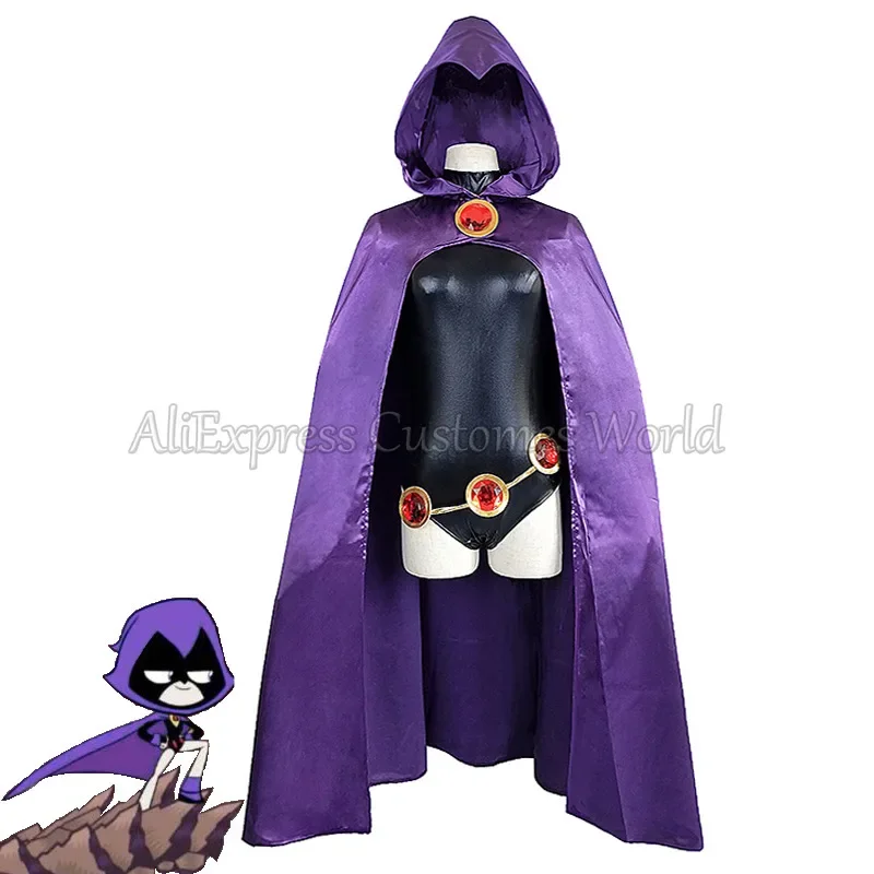 Anime teentitans Raven cosplay costume, deluxe jumpsuit belt with purple cloak Halloween uniform cosplay costume for women kids