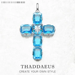 Pendant Cross With Large Aquamarine-Coloured Stones And Star Brand New Fine Jewelry Europe 925 Sterling Silver Gift For Woman