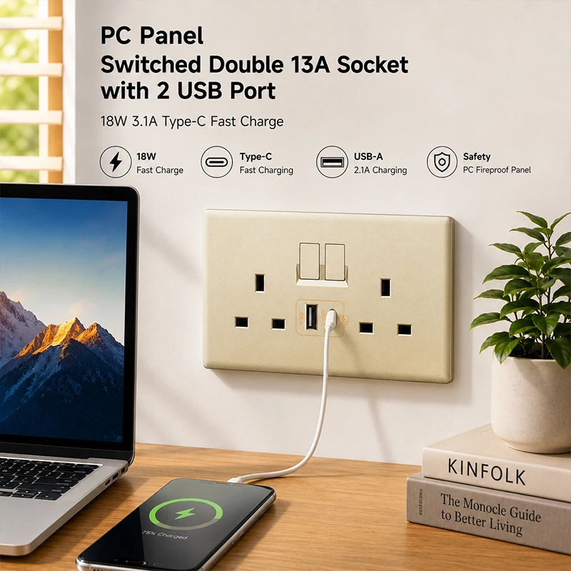 Gold UK 13A with USB C 18W 3.1A  Fast Charging Socket with USB Port. Wall Power Switch Socket, 1gang3way Intermediate Switch