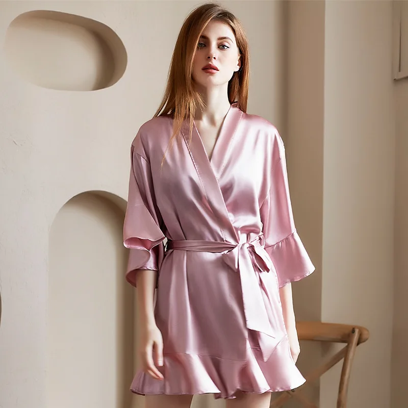 

Women's Night Gown Robe Bathrobe Three Quarter Sleeve Nightgown Night Pajamas Ice Silk Dress Sexy Sleepwear Dresses With Belt