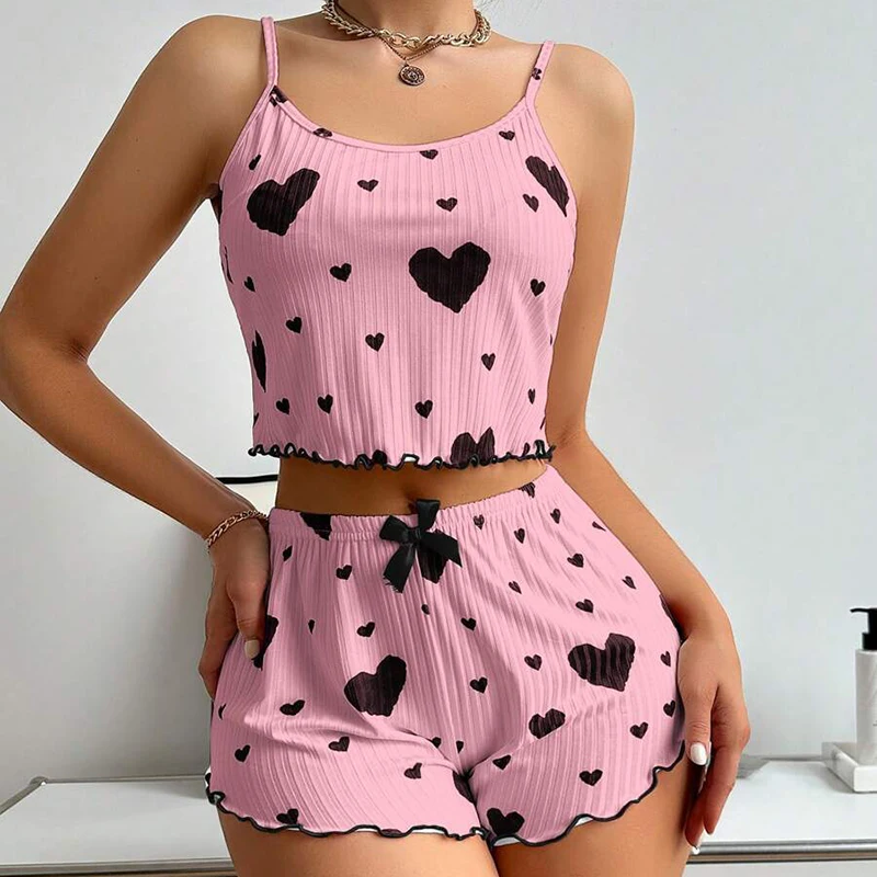 Women's Pajamas Set Sleepwear 2 PCS Short Tank Tops And Shorts S M L XL White Ventilate Soft Casual Love Printing