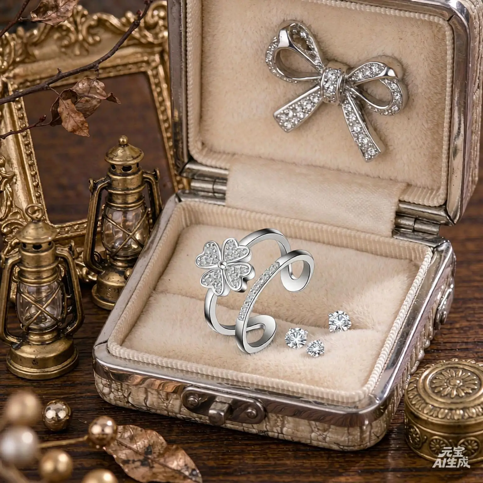 Delicate 925 Sterling Silver Four Leaf Clover Crystal Zircon Double Layer Open Rings For Women Girls Wedding Party Jewelry Gifts