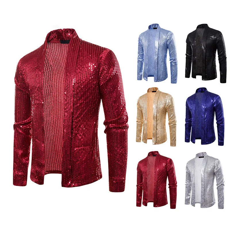 Silk Map 2024 Wholesale New Men's Nightclub Fashion Sequin Sweater Button Less Cardigan Long Sleeved Knitted Shirt for Men