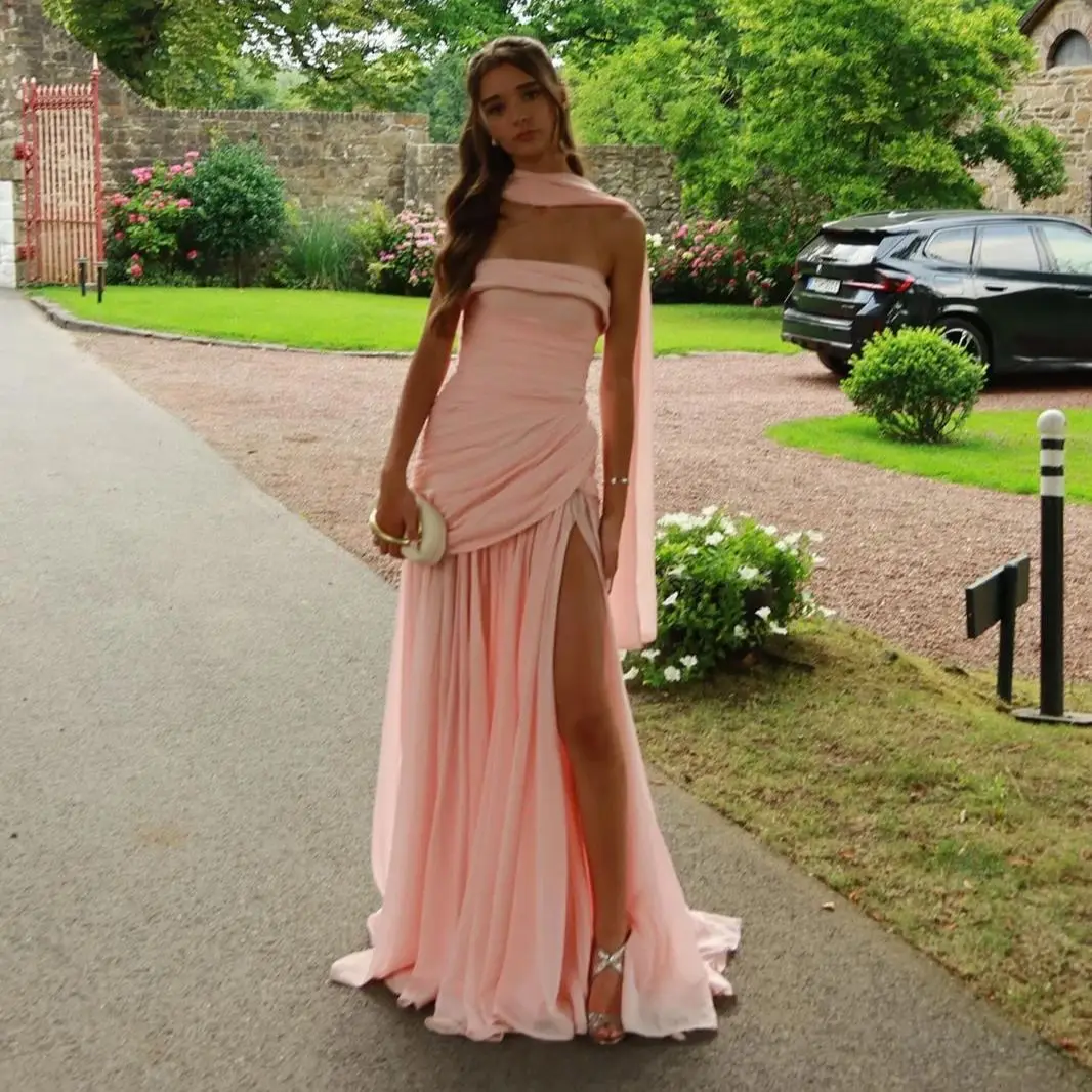 

Simple Pink Mermaid Evening Dresses for Women Strapless Side Slit Vestidos De Noche Customized Summer Dress Beach Wedding Dress