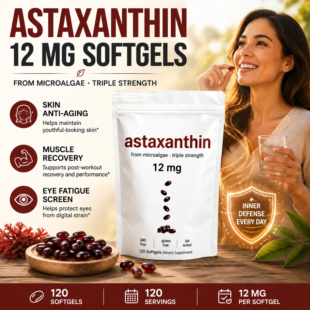 Astaxanthin Softgels Skin Anti-aging Muscle Recovery Exercise Fatigue Screen with MCT Oil 120 Capsules for Skin Health Women