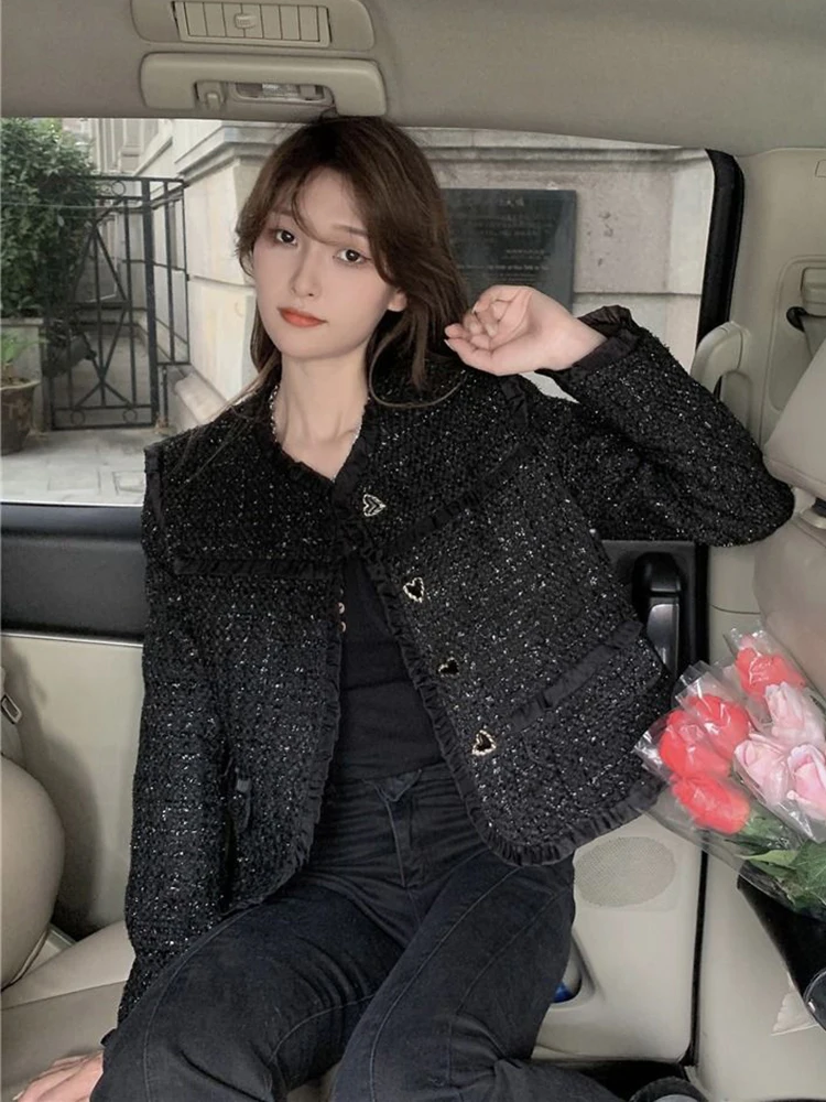 Zoki Vintage Ruffles Tweed Jacket Women Casual Long Sleeve Patchwork Sweet Coat Korean O Neck Retro Lady All Match Black Outwear