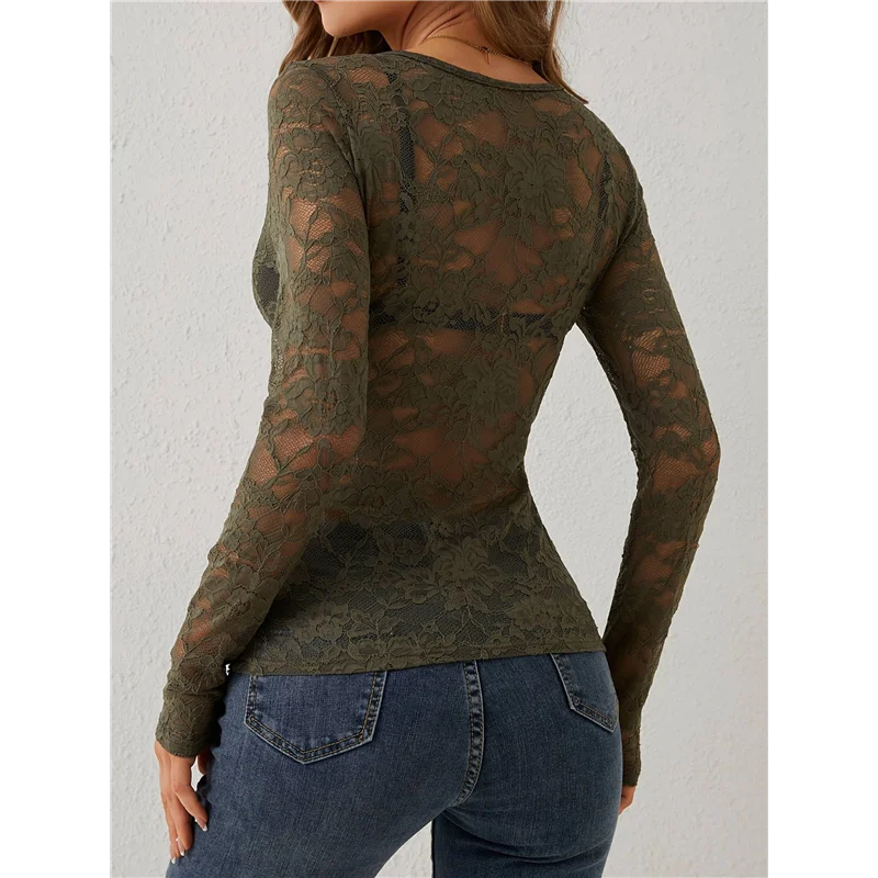 

A83F-Кружевной сетчатый топ для женщин, прозрачная блузка с длинным рукавом и v-образным вырезом, прозрачные кружевные топы с цветочным принтом