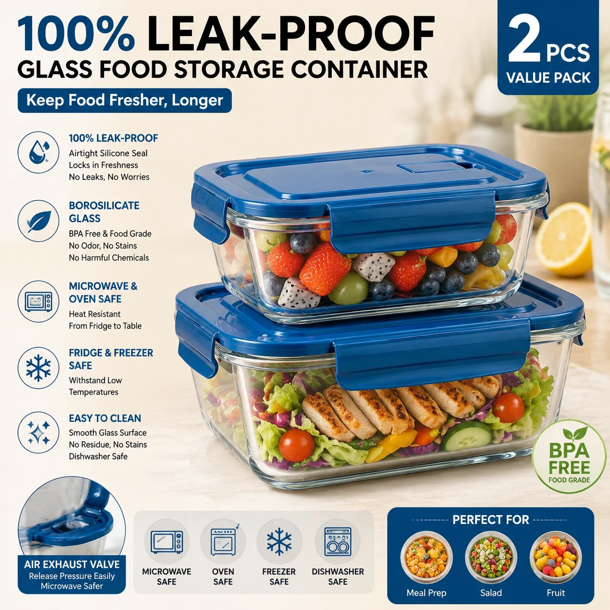 High borosilicate glass food storage containers - 2-piece set - leak-proof sealed lunch box - microwave-safe - suitable for rest