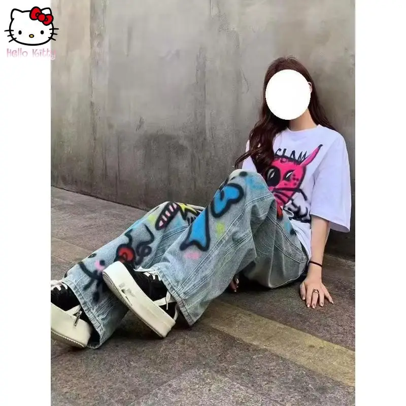 

Cute Sanrio Hello Kittys Wide-Leg Pants Street Style Casual Cotton Doodle Loose Comfortable New Style Cartoon Personality Jeans