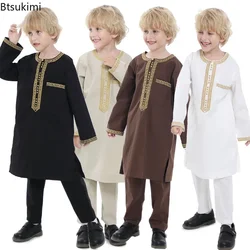 2025 Saudi-Arabien Kinder Robe Muslimische Kleidung Kinder Qamis Junge Jubba Thobe 2-teiliges Set Islamische Kleidung Männer Party Abaya Kaftan