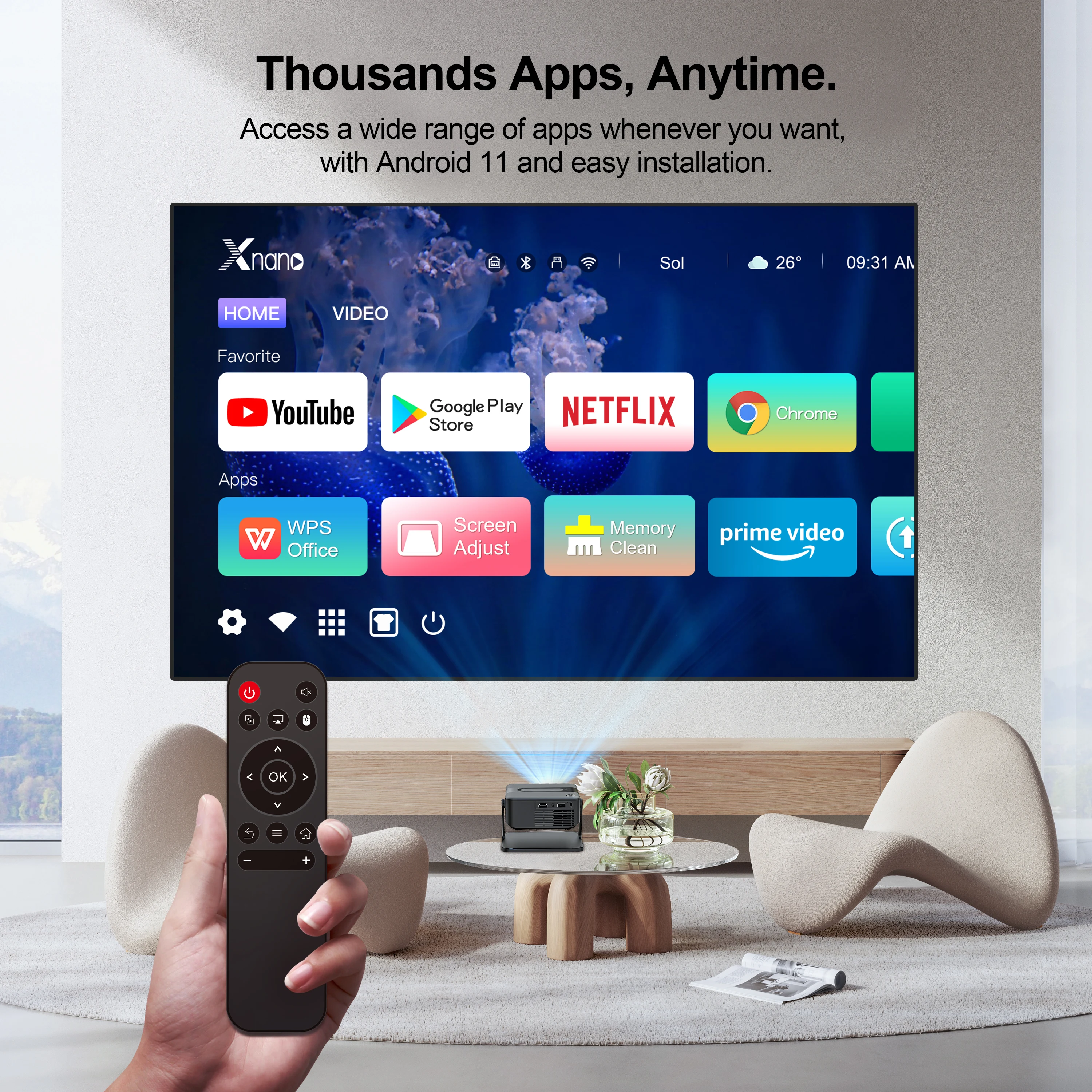 جهاز عرض HA109 أصلي 4k فيديو أندرويد منخفض الضوضاء 500ANSI شعاع تركيز قصير BT5.0 WiFi6 يوتيوب Netflix جهاز عرض الهاتف الذكي