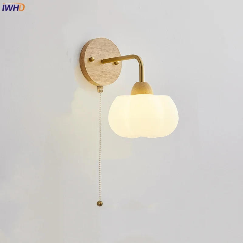 

IWHD Wood Canopy LED Wall Light Fixture Restaurant Bar Bedroom Nordic Simple Pull Chain Switch PE Bedside Lamp Lamparas De Pared