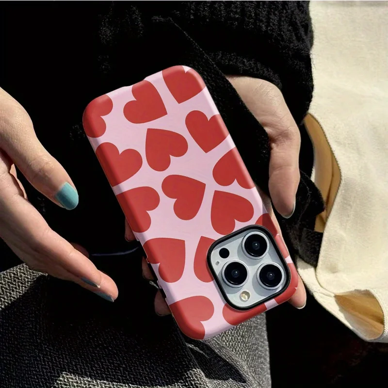 Phone Case for iPhone 16 15 14 13 12 11 X XS XR XSMAX 7 8 Pro Max Plus Luxury Red Love Simple and Fashi Double-layer Back Cover