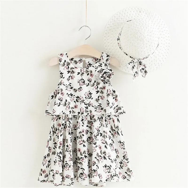 Lawadka 2-6Y Summer Kids Print Dresses Hat Chiffon Sleeveless Princess Floral Dress for Girls Beach Children's Clothing 2024 New