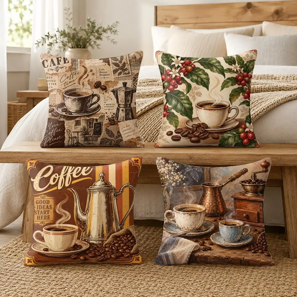 Coffee Kitchen Vintage Style Cushion Cover Soft Short Plush Pillow Cases Hidden Zipper Cutecore Sofa Bedroom Home Decor Gift
