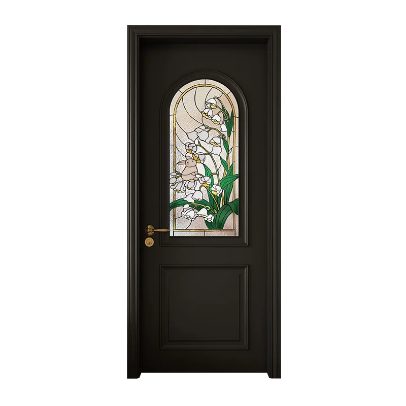 Solid wood paint door black bedroom room glass swing door