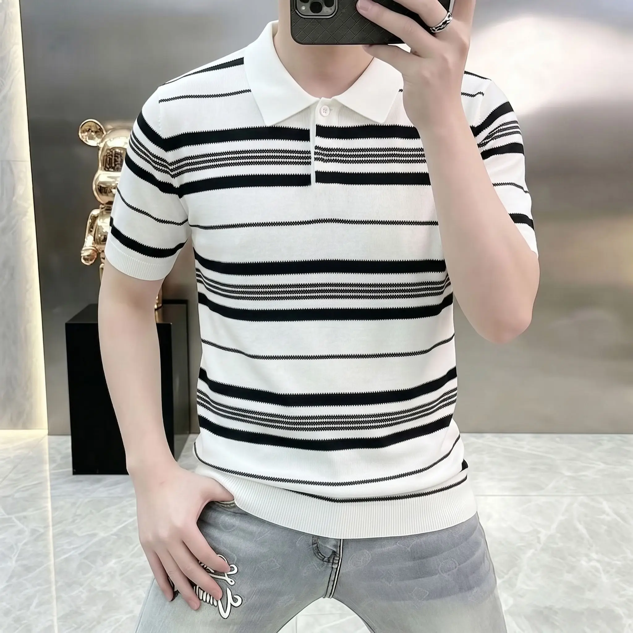 2026 Summer New Style Men's Collarless Polo Shirt - Breathable Coolness Mesh Openwork Patterned Knitted Short Sleeve — купить у AliExpress WW