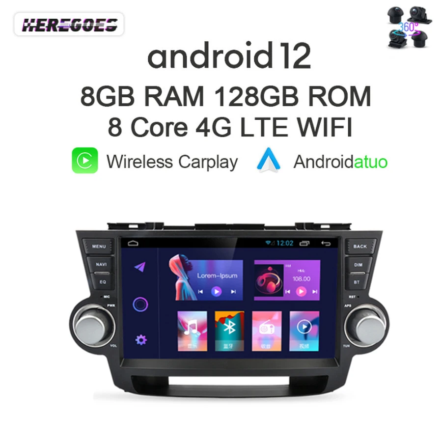 

Автомобильный DVD-плеер Carplay, 10 дюймов, IPS, Android 12, 8 ГБ + 128 ГБ, Авторадио, навигация GPS, LTE, Wi-Fi, радио для Toyota Highlander 2 XU40 2007-2013