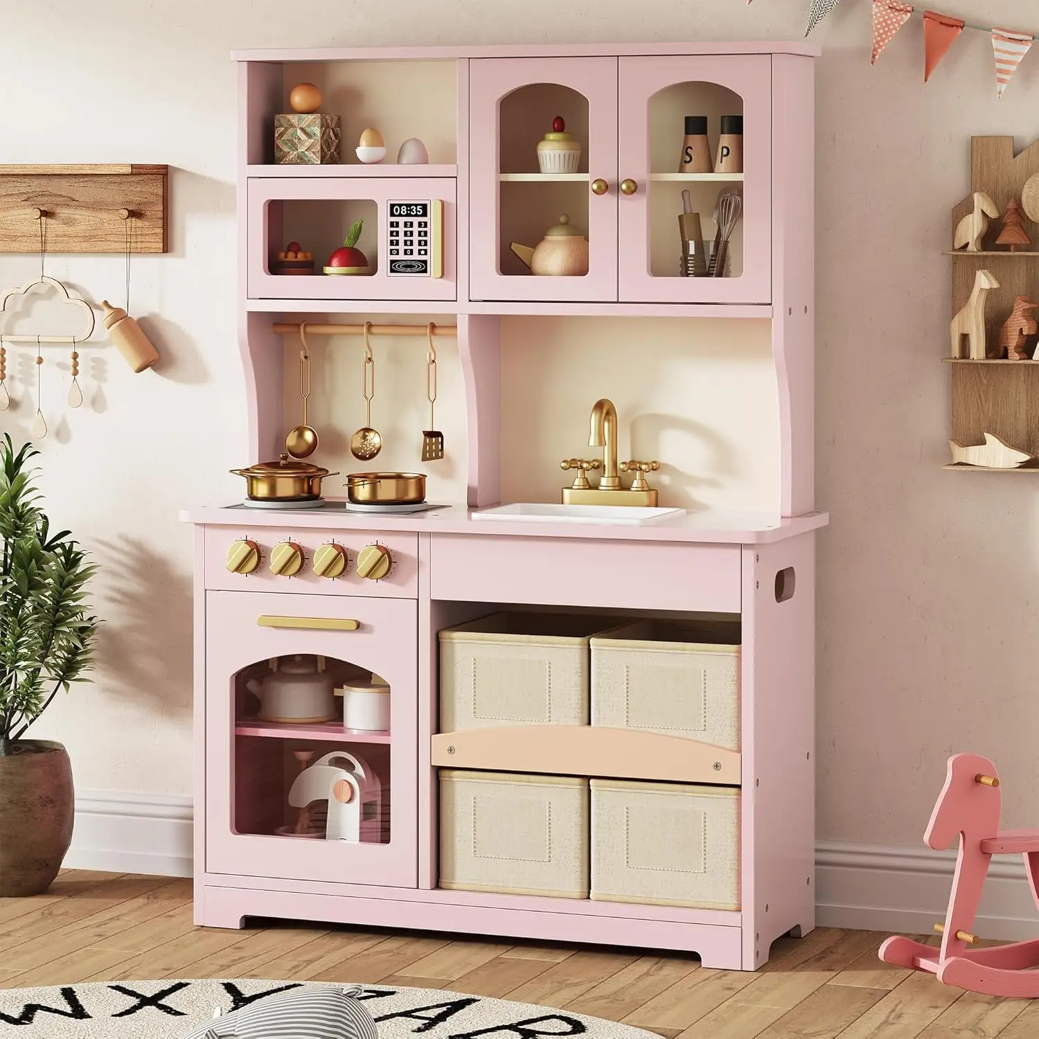 Pink Wooden Toddler Kitchen Playset – Pretend Stove & Oven with Smart Storage and Accessories, Ideal Gift for Ages 3+
