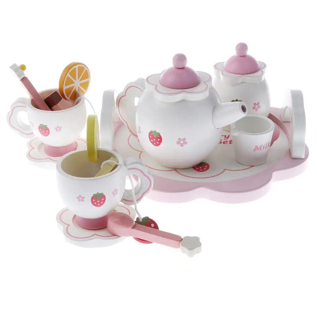 Pretend Play Wooden Tea Set, Include Kettle, Cups, Dishes, Cute Strawberry Painted, Non-, Toy, Development