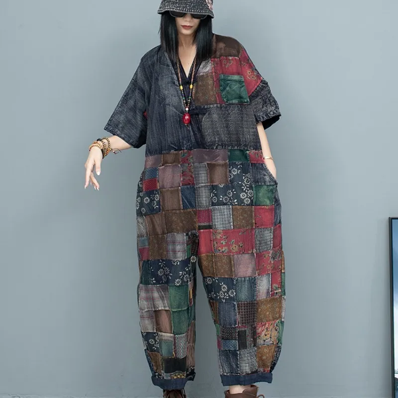 

Heavy Industry Spliced Old Cloth Jumpsuit Women 2024 Summer Loose Short Sleeved Button Up V-neck Jumpsuit LX1621