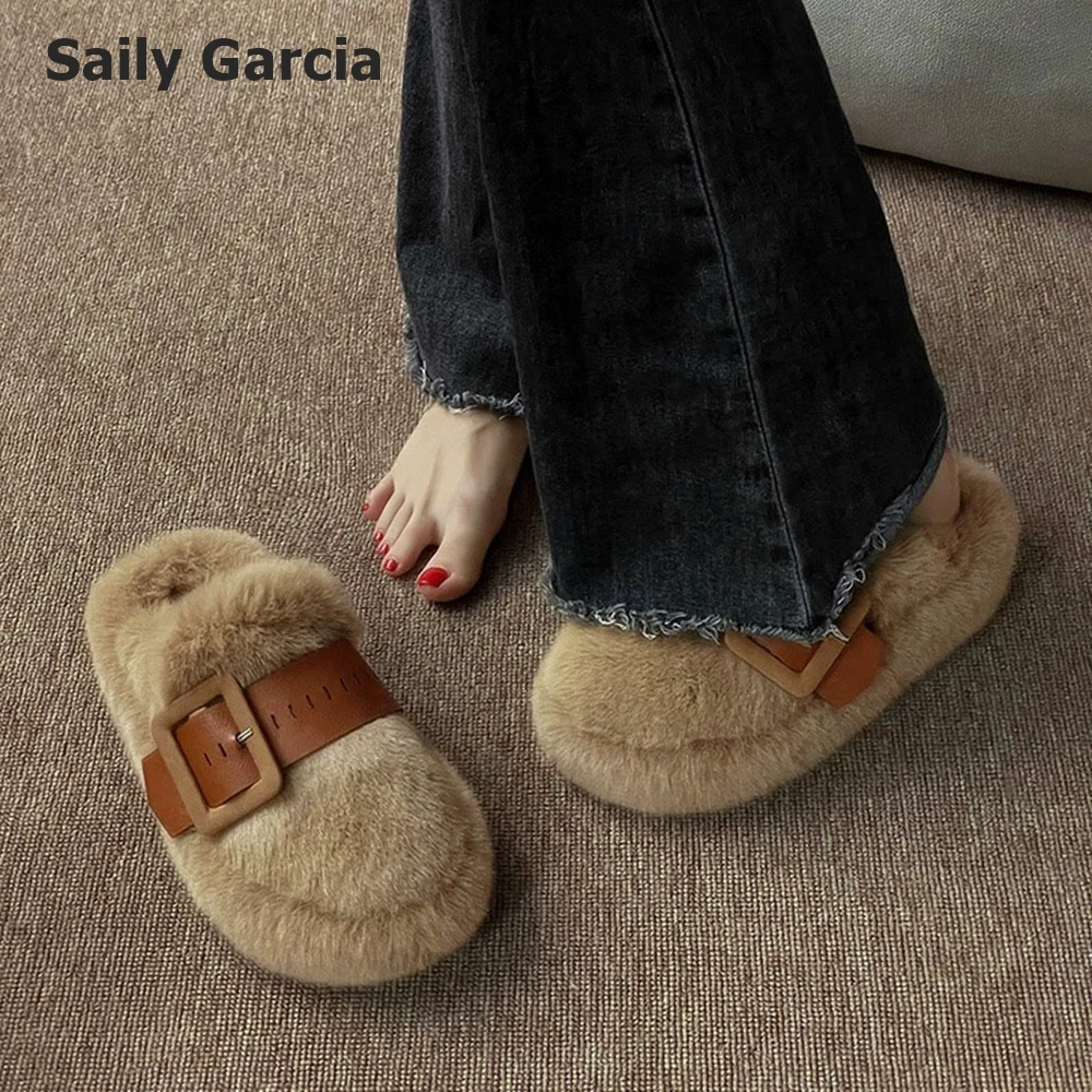 Solid Round Toe Belt Buckle Short Plush Slip On Slippers Winter New Arrival Sexy Keep Warm Women Slides Casual Outdoor Shoes