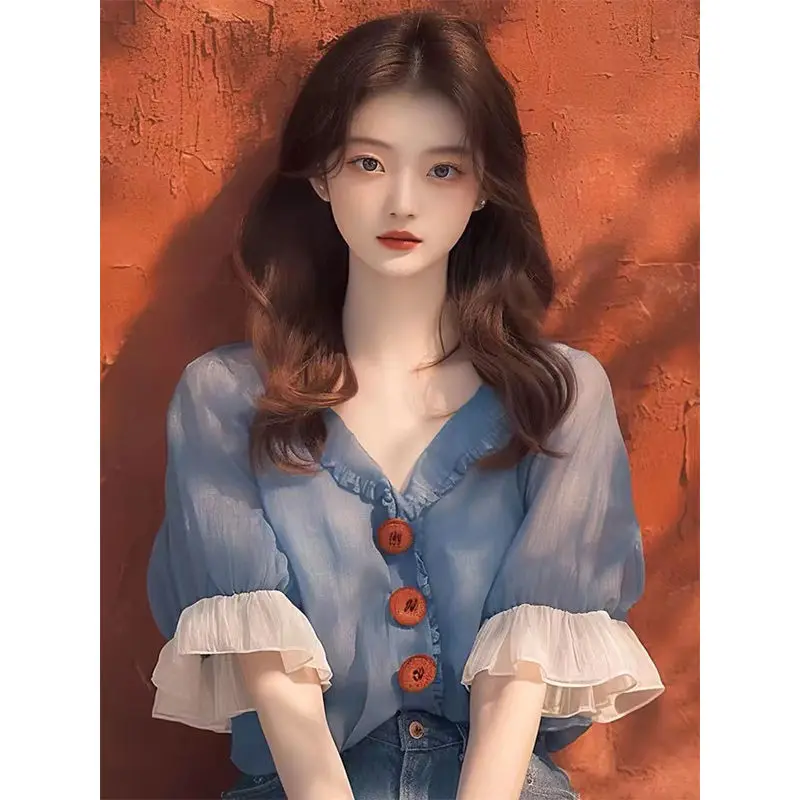 

Women's New Short Sleeved Blue Shirt Summer
