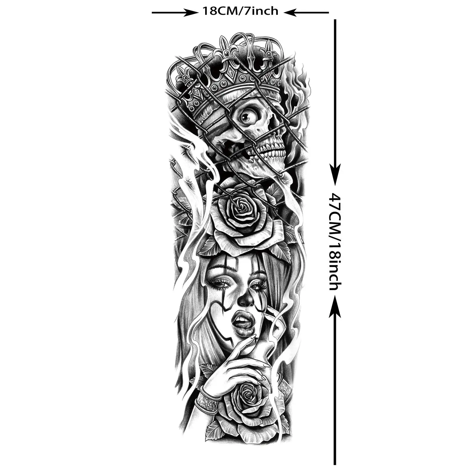 늑대 사자 호랑이 마오리 문신 스티커 1장 남녀 성인용 풀 슬리브 팔 꽃 장미 해골 문신 스티커 장식