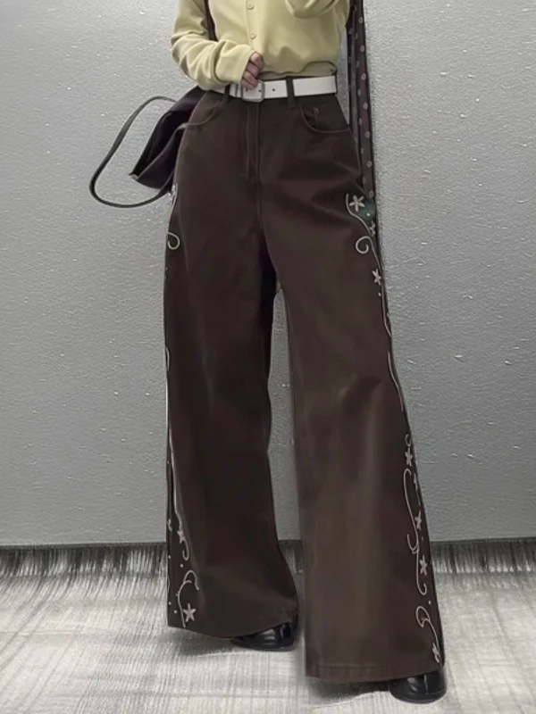 

Ele High Waist Embroidered Floral Side ket Wide Leg Jeans for Women Spring Casual Comfortable Fit High Street Sle