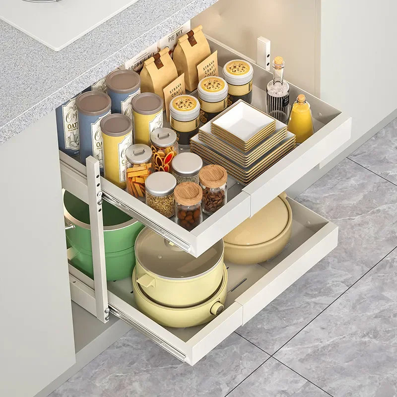 No Drill Kitchen Cabinet Organizer Double Layer Pull Out Drawer Rack for Seasoning Dishes Pots Pans Storage Shelf Space