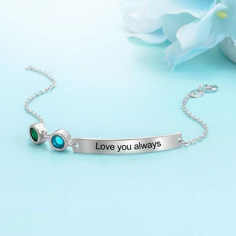 Bracelet with 2 Birthstones Bar Necklace Engraved Names Personalized Stainless steel Bracelets Horizontal Bracelet Gift for Her