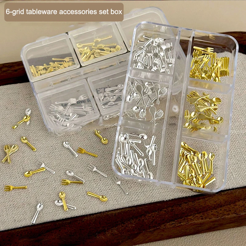 6グリッド/ボックス入りミックスゴールドシルバーミニフォークスプーン食器合金ネイルアートラインストーンデコレーションマニキュアキュアチャームアクセサリー