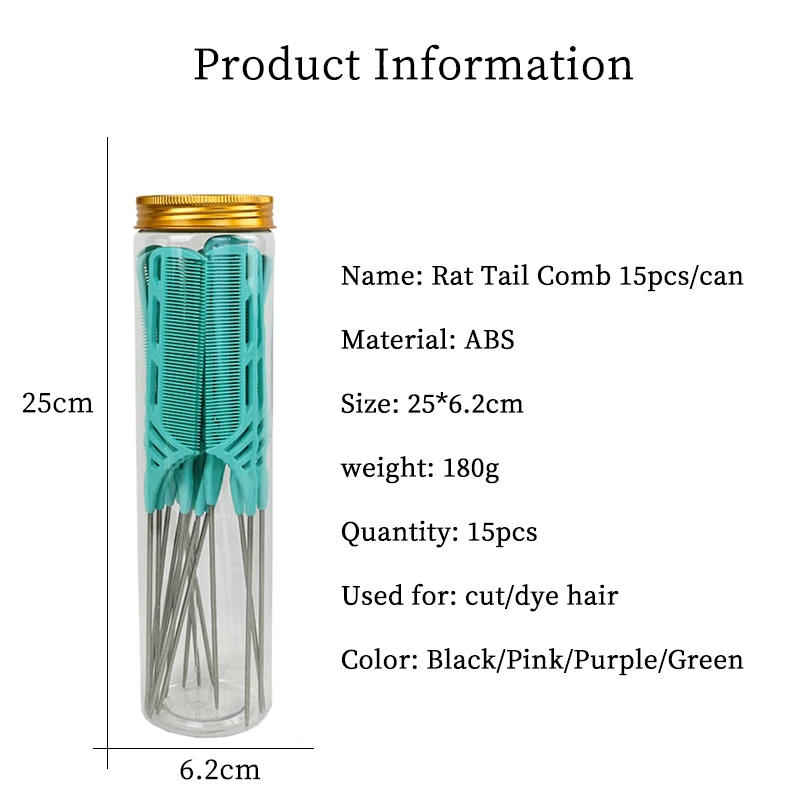 15pcs/can Professional Candy Color Hair Styling Pointy Rat Tail Comb for Wig/Braid/Hair Dye and Highlights Hair Tool