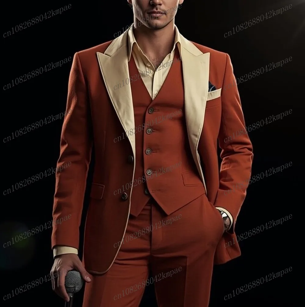 Abito da uomo formale rosso arrugginito con colletto champagne Sposo Groomsman Festa di nozze Prom Business Smoking maschile Set da 3 pezzi Blazer Vest Pant