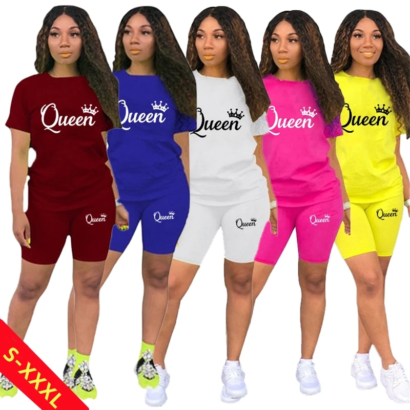 Womens Fashion Crown Prints Short Sleeve T-shirt and Tight-fitting Shorts 2pc Set Tracksuit Ladies Sports Jogging Suits Outfit