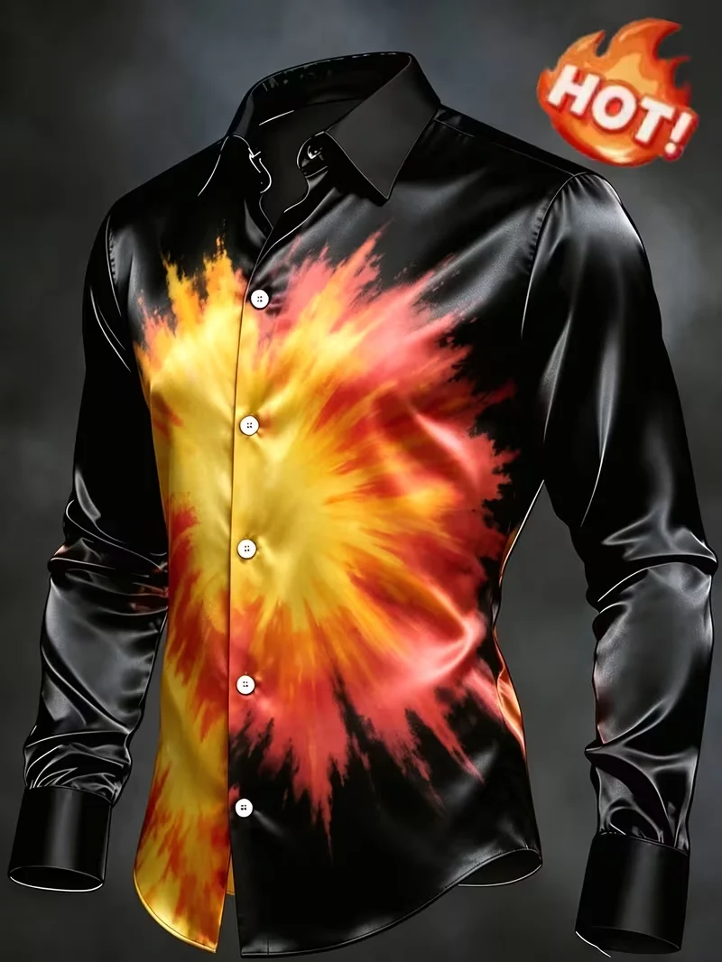 New black flame explosion tie dye 3D printed pattern long sleeved shirt trendy cool street men's casual shirt