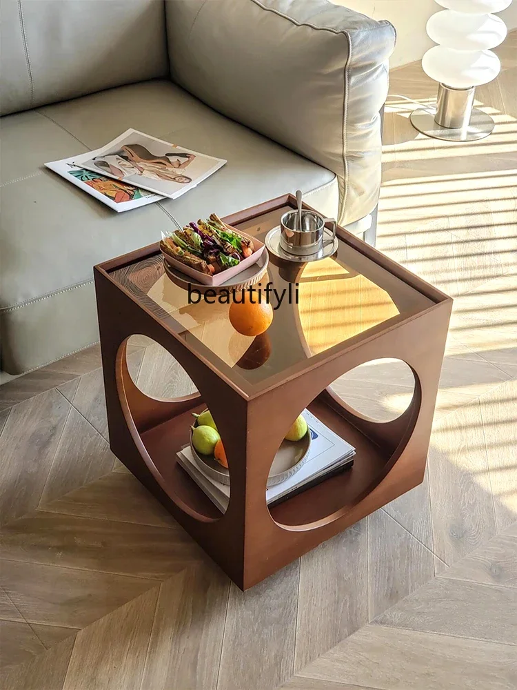 

Medieval walnut solid wood coffee table retro removable sofa side few glass trolley bedside cabinet