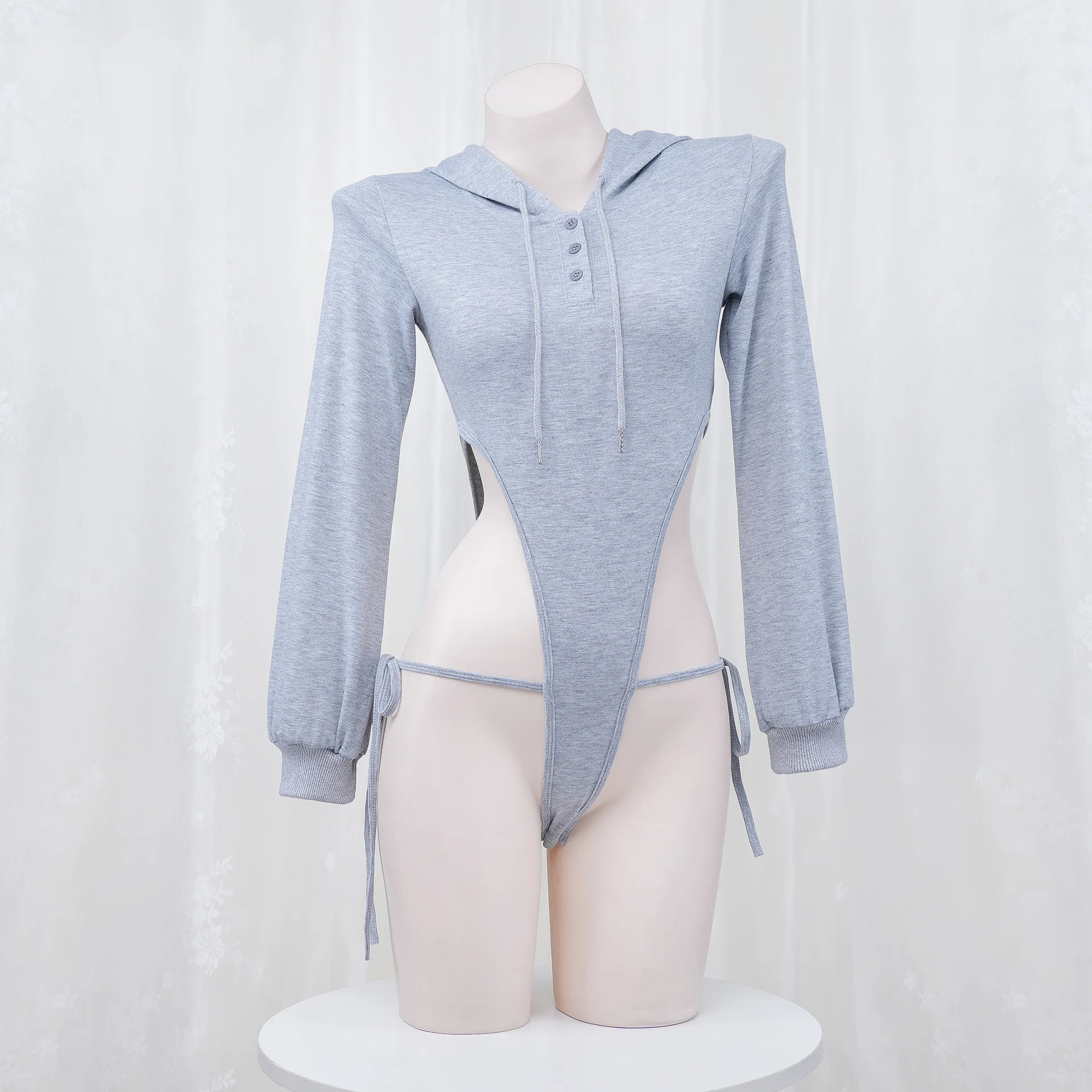 Lolita Anime Girls Solid Grey Long Sleeve Bandage Hoodie Hoodies Sexy Cosplay Halloween Women High Hooded Homewear Lingerie