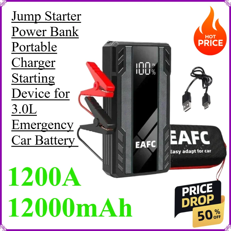 1200A Jump Starter Power Bank Portable Charger Starting Device for 3.0L Emergency Car Battery