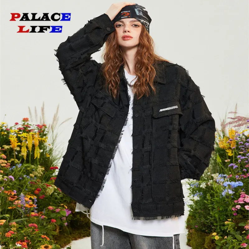 

Street Hip Hop Jacket Men Windbreaker Luxury Fashion Vintage Y2k Tassels Patchwork Bomber Jackets Coats Oversized Casual Autumn