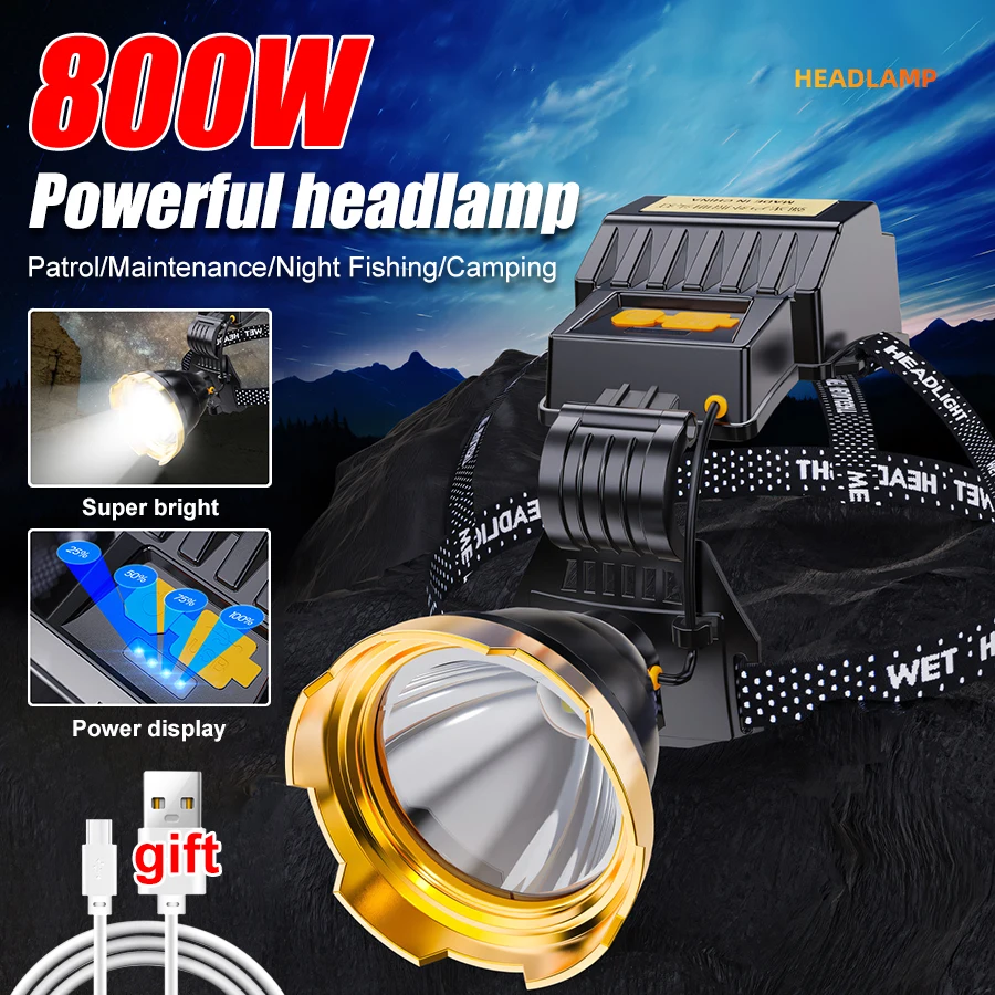 XPG LED Headlamp Waterproof Fishing Lantern 3 Modes Powerful Headlight USB Rechargeable 18650 Head Torch Power Bank Flashlight