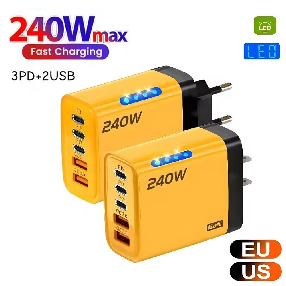 240W 5 Ports USB C Charger Quick Charge3.0 Type C PD Phone Charger For iPhone Samsung Xiaomi EU/US Plug Fast Charge Wall Charger