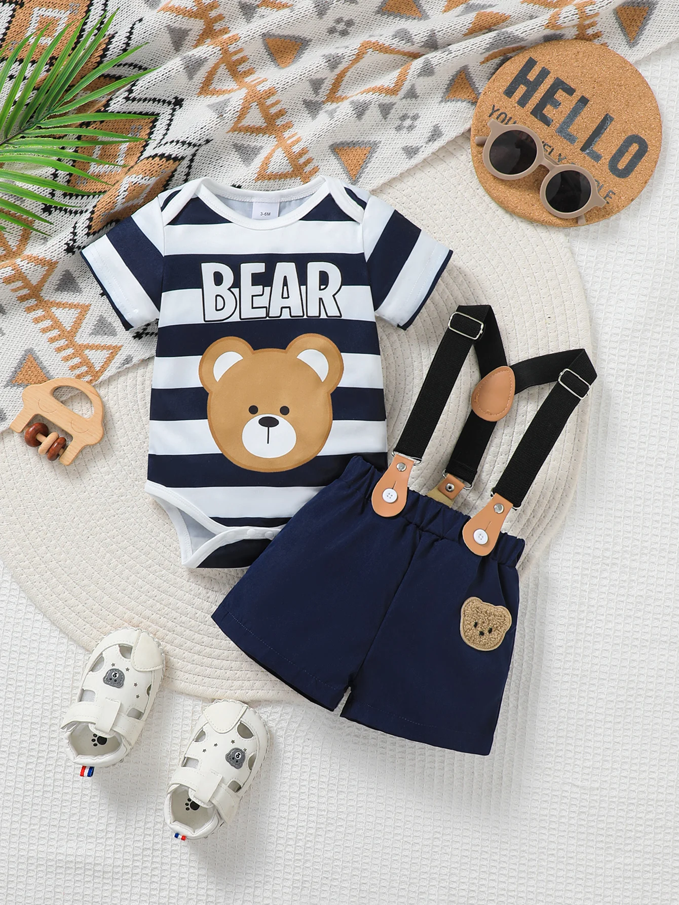

Baby Boy Spring Summer Outfit Set Cute Cartoon Letter Bear Print Striped Short Sleeve Onesie with Bear Decorated Overalls Shorts